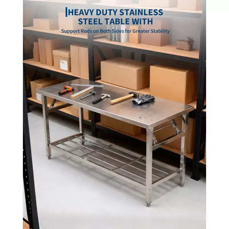 Table pliante robuste en acier inoxydable – Établi pliable à 2 niveaux avec étagère inférieure – Certifié NSF, portable, peu encombrant, facile à nettoyer