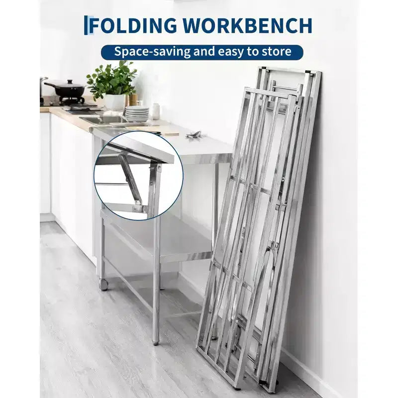 Table pliante robuste en acier inoxydable – Établi pliable à 2 niveaux avec étagère inférieure – Certifié NSF, portable, peu encombrant, facile à nettoyer