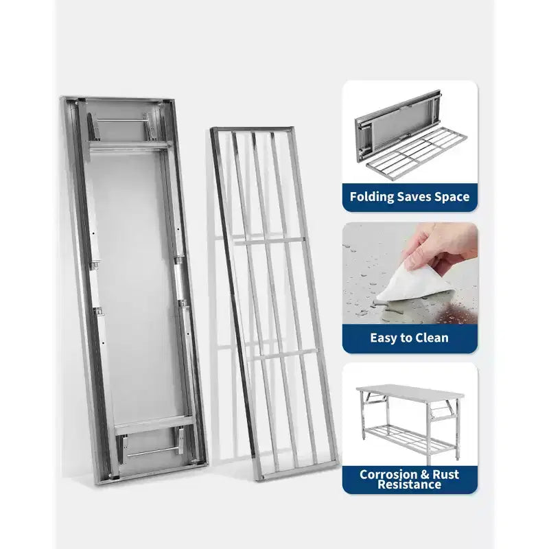 Table pliante robuste en acier inoxydable – Établi pliable à 2 niveaux avec étagère inférieure – Certifié NSF, portable, peu encombrant, facile à nettoyer