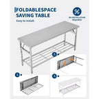 Table pliante robuste en acier inoxydable – Établi pliable à 2 niveaux avec étagère inférieure – Certifié NSF, portable, peu encombrant, facile à nettoyer