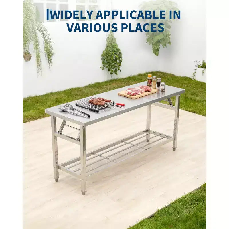Table pliante robuste en acier inoxydable – Établi pliable à 2 niveaux avec étagère inférieure – Certifié NSF, portable, peu encombrant, facile à nettoyer