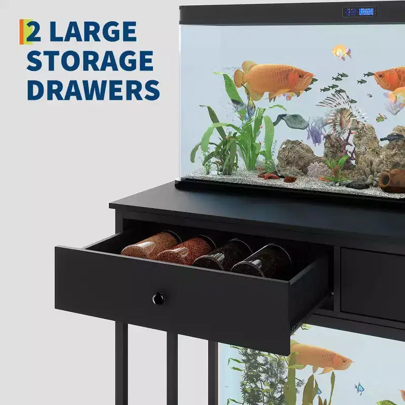 Meuble robuste pour aquarium avec prise de courant, table double en métal pour aquarium/terrarium de 40 à 50 gallons, 2 tiroirs de rangement et pieds réglables en hauteur