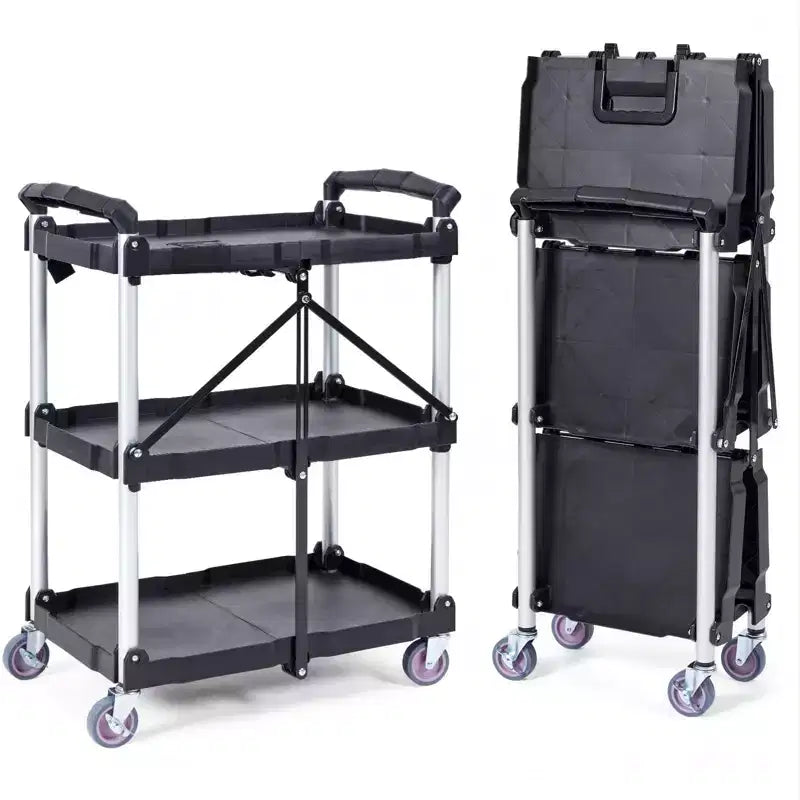 Foldable 3-Shelf Rolling Utility Cart 165 lbs Capacity with Lockable Wheels and Handle