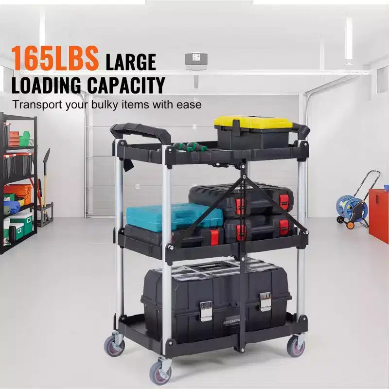 Chariot de rangement pliable à 3 étagères avec roulettes verrouillables et poignée – Capacité de 75 kg