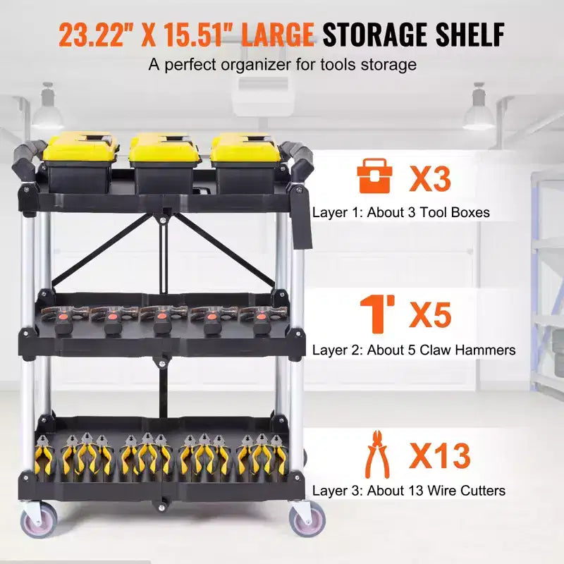Chariot de rangement pliable à 3 étagères avec roulettes verrouillables et poignée – Capacité de 75 kg