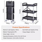 Chariot de rangement pliable à 3 étagères avec roulettes verrouillables et poignée – Capacité de 75 kg