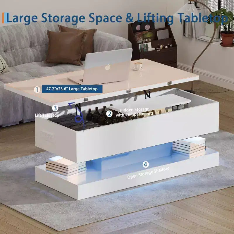 Table basse relevable moderne de 120 cm - Hauteur réglable et capacité de 80 kg pour salon, salle à manger et bureau