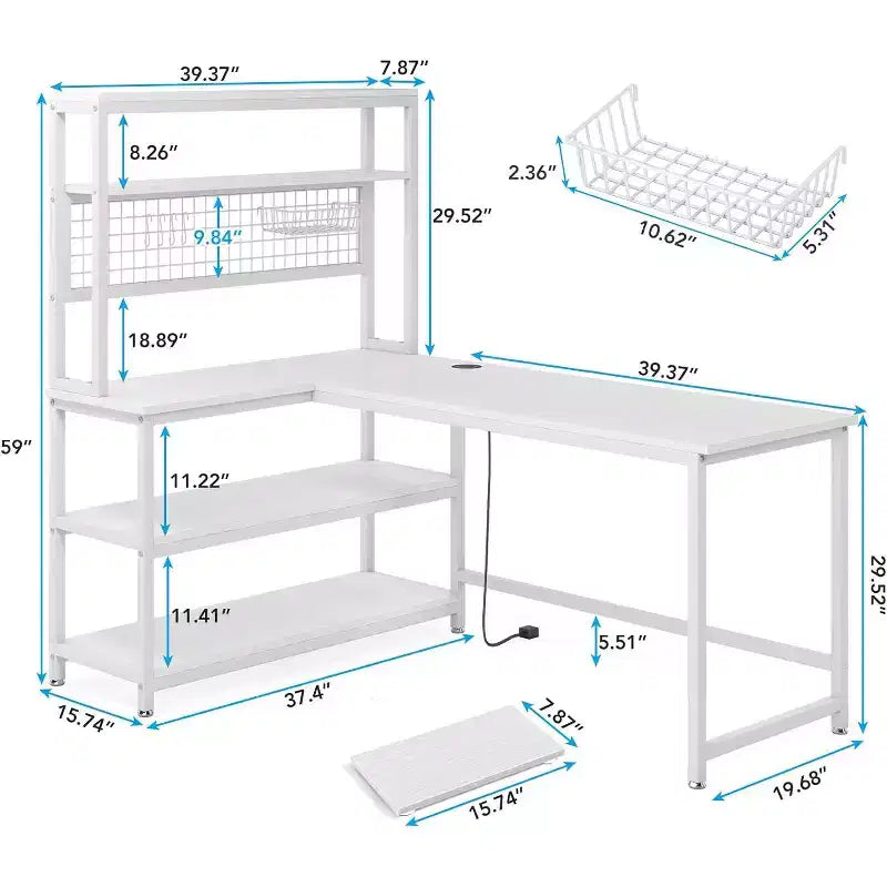 Bureau d'angle Lantine, bureau réversible de 140 cm avec chargeur sans fil et étagère pour bureau à domicile, blanc