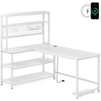 Bureau d'angle Lantine, bureau réversible de 140 cm avec chargeur sans fil et étagère pour bureau à domicile, blanc
