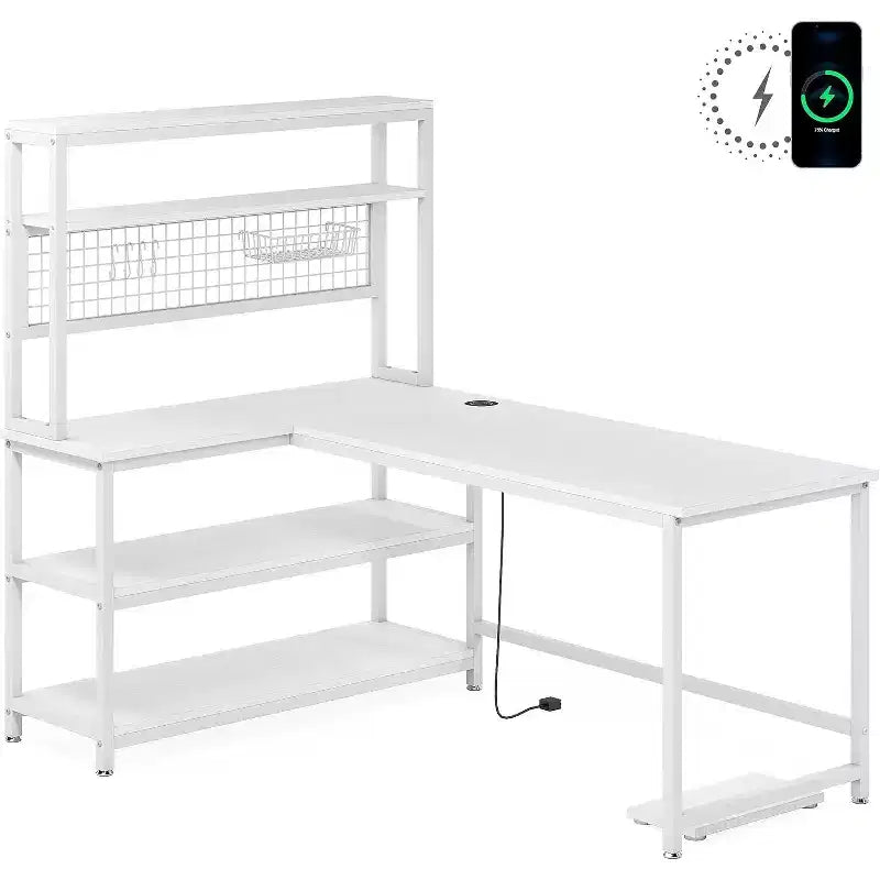 Bureau d'angle Lantine, bureau réversible de 140 cm avec chargeur sans fil et étagère pour bureau à domicile, blanc