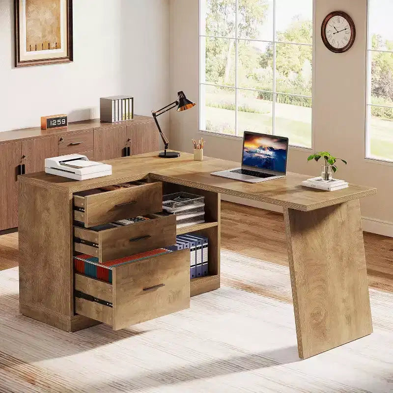 Lantine 55-Inch L-Shaped Computer Desk with 3 Drawers, Corner Home Office Desk with Storage Shelves for Work Writing, Gaming, Farmhouse Brown