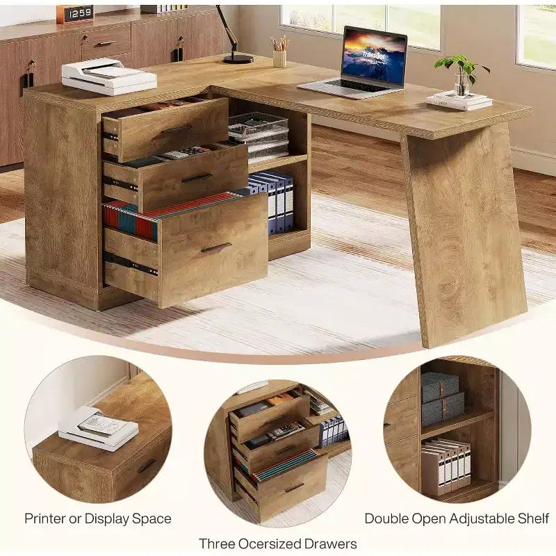Bureau d'angle L-Lantine 55 pouces avec 3 tiroirs, étagères de rangement pour le travail, l'écriture, le jeu, marron rustique