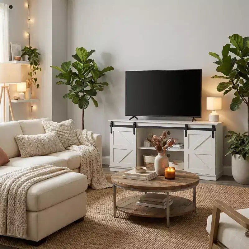 Meuble TV de ferme FurnitureR 58 avec portes de grange coulissantes, console multimédia avec étagères réglables et gestion des câbles pour le salon