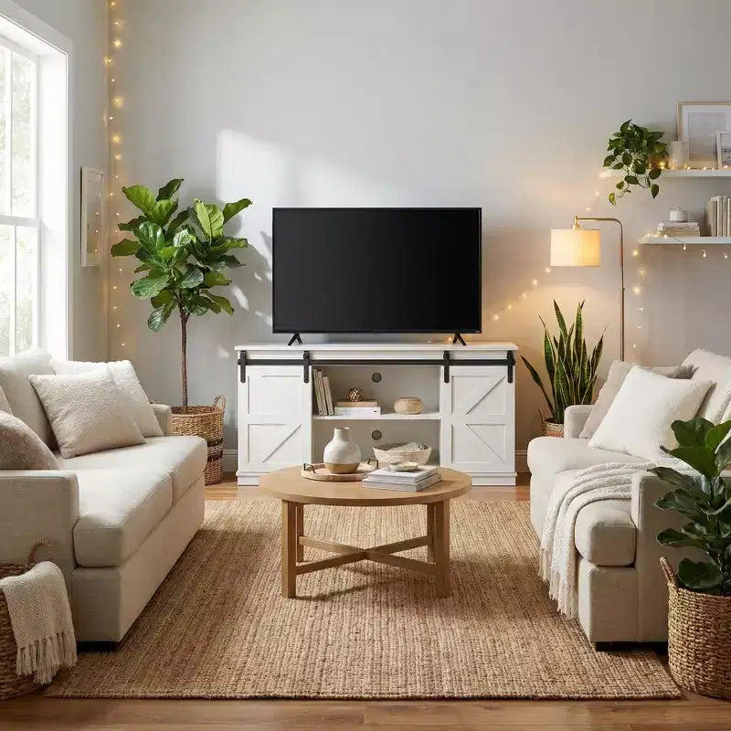 Meuble TV de ferme FurnitureR 58 avec portes de grange coulissantes, console multimédia avec étagères réglables et gestion des câbles pour le salon