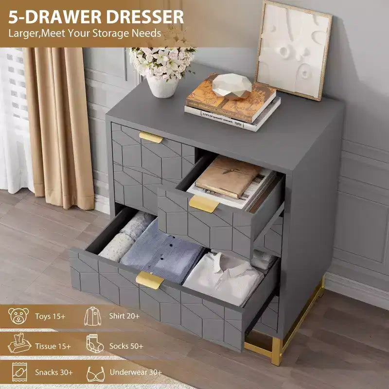 Commode moderne à 5 tiroirs avec pieds en métal, grand organisateur de rangement pour chambre, salon et entrée