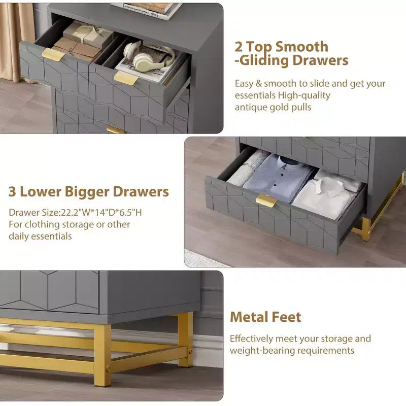 Commode moderne à 5 tiroirs avec pieds en métal, grand organisateur de rangement pour chambre, salon et entrée