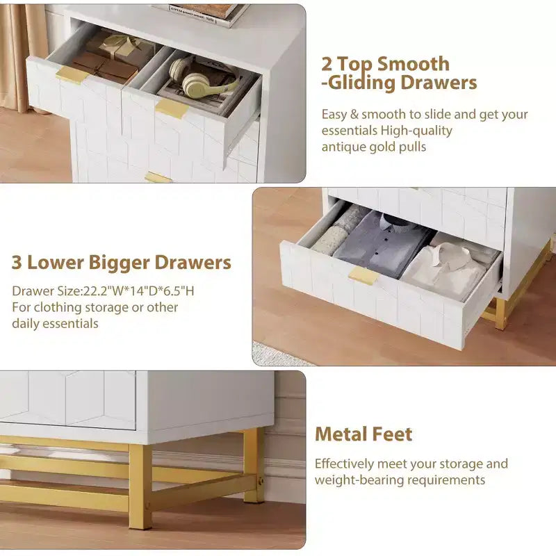 Commode moderne à 5 tiroirs avec pieds en métal, grand organisateur de rangement pour chambre, salon et entrée
