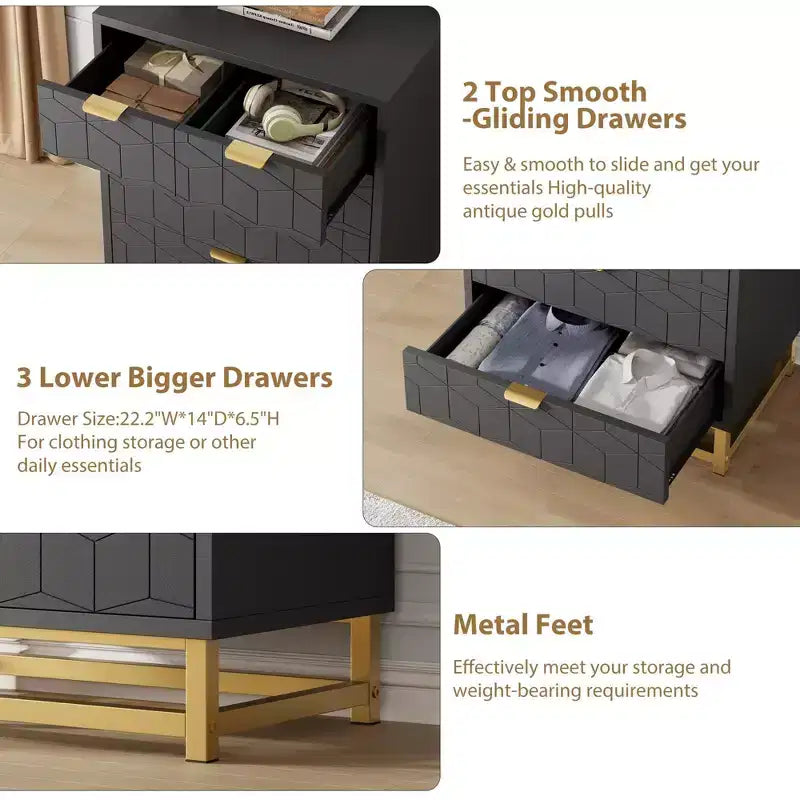 Commode moderne à 5 tiroirs avec pieds en métal, grand organisateur de rangement pour chambre, salon et entrée