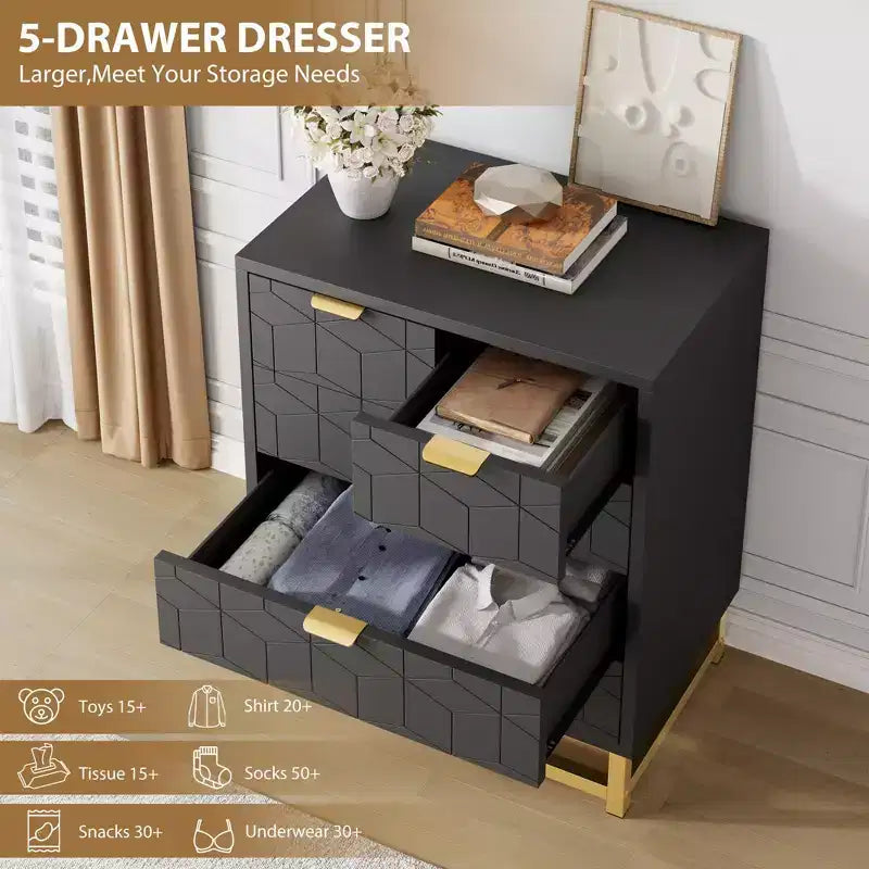 Commode moderne à 5 tiroirs avec pieds en métal, grand organisateur de rangement pour chambre, salon et entrée
