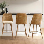 Lot de 6 tabourets de bar à hauteur de comptoir en bouclette et rotin, 27" Chaises d'îlot de cuisine modernes bohèmes avec pieds en métal finition chêne - Panipeachy