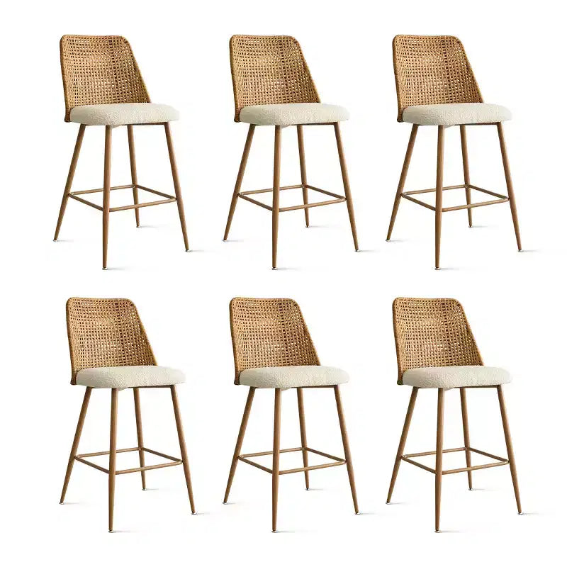 Lot de 6 tabourets de bar à hauteur de comptoir en bouclette et rotin, 27" Chaises d'îlot de cuisine modernes bohèmes avec pieds en métal finition chêne - Panipeachy