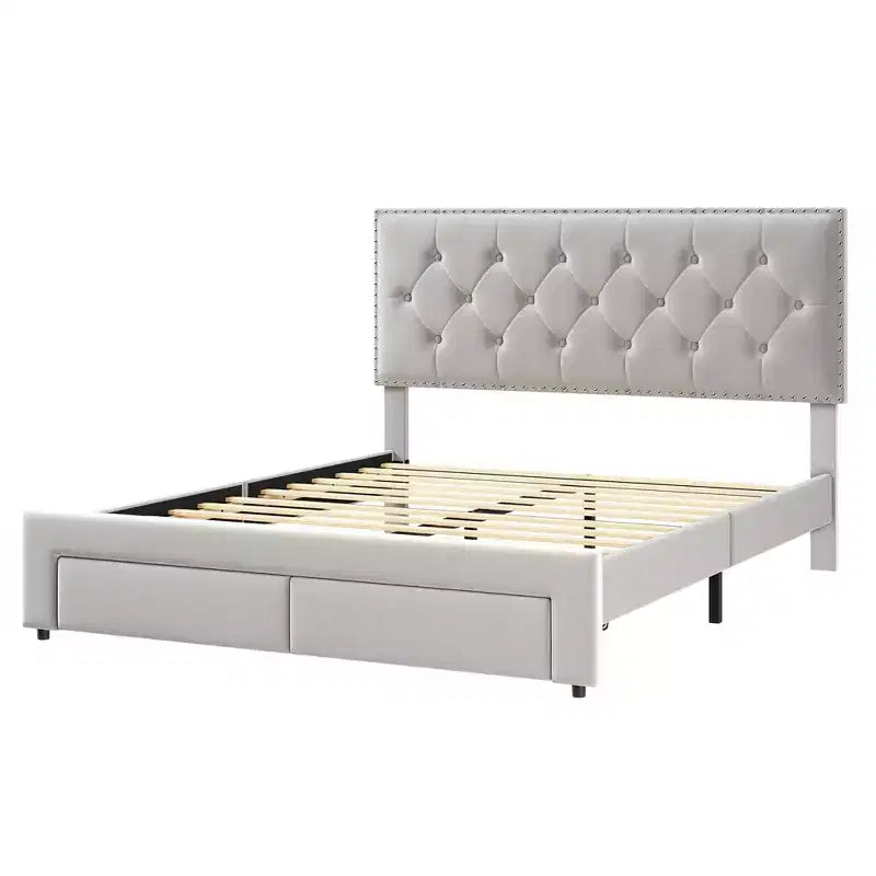 Cadre de lit avec 2 tiroirs de rangement, tête de lit en velours vintage, cadre de lit en bois et métal, support à lattes en bois, silencieux, pas besoin de sommier tapissier