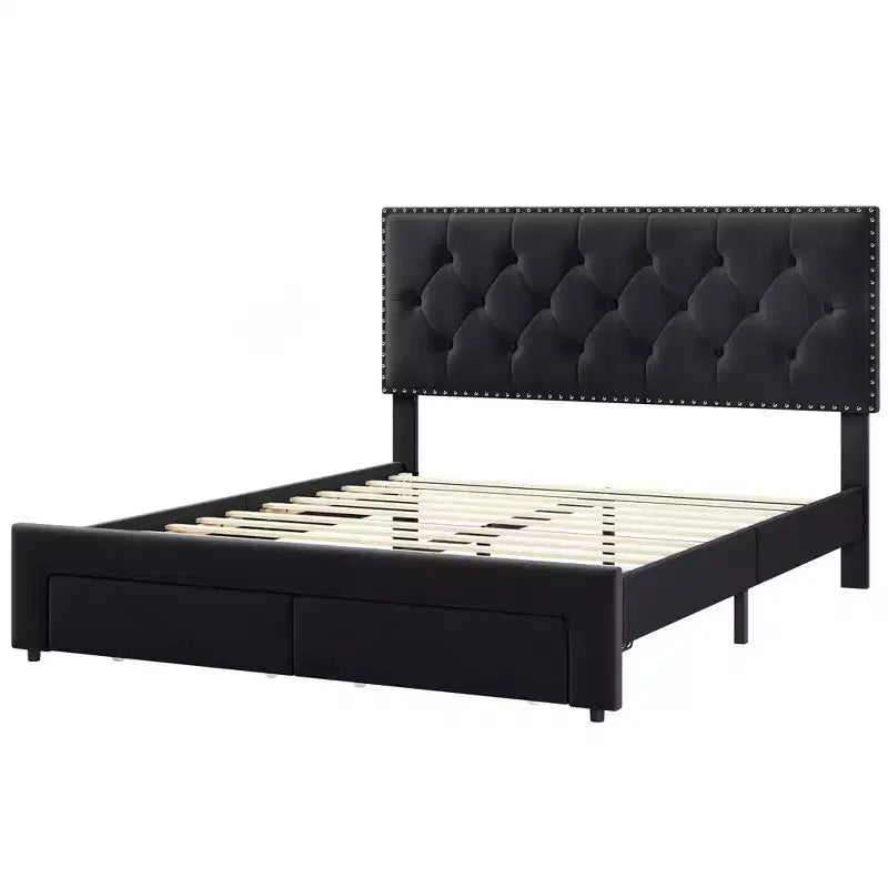 Cadre de lit avec 2 tiroirs de rangement, tête de lit en velours vintage, cadre de lit en bois et métal, support à lattes en bois, silencieux, pas besoin de sommier tapissier