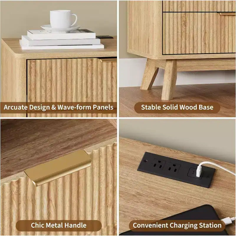 Lot de 2 tables de chevet cannelées de 61 cm, table de chevet large en bois naturel avec station de recharge, 3 grands tiroirs de rangement et poignée en métal pour chambre et salon