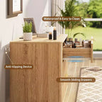Lot de 2 tables de chevet cannelées de 61 cm, table de chevet large en bois naturel avec station de recharge, 3 grands tiroirs de rangement et poignée en métal pour chambre et salon