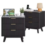 Set of 2 24 Fluted Nightstands, Wide Natural Bedside Table with Charging Station, 3 Large Storage Drawers & Metal Handle for Bedroom & Living Room