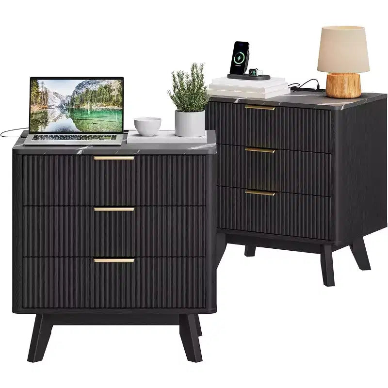 Set of 2 24 Fluted Nightstands, Wide Natural Bedside Table with Charging Station, 3 Large Storage Drawers & Metal Handle for Bedroom & Living Room