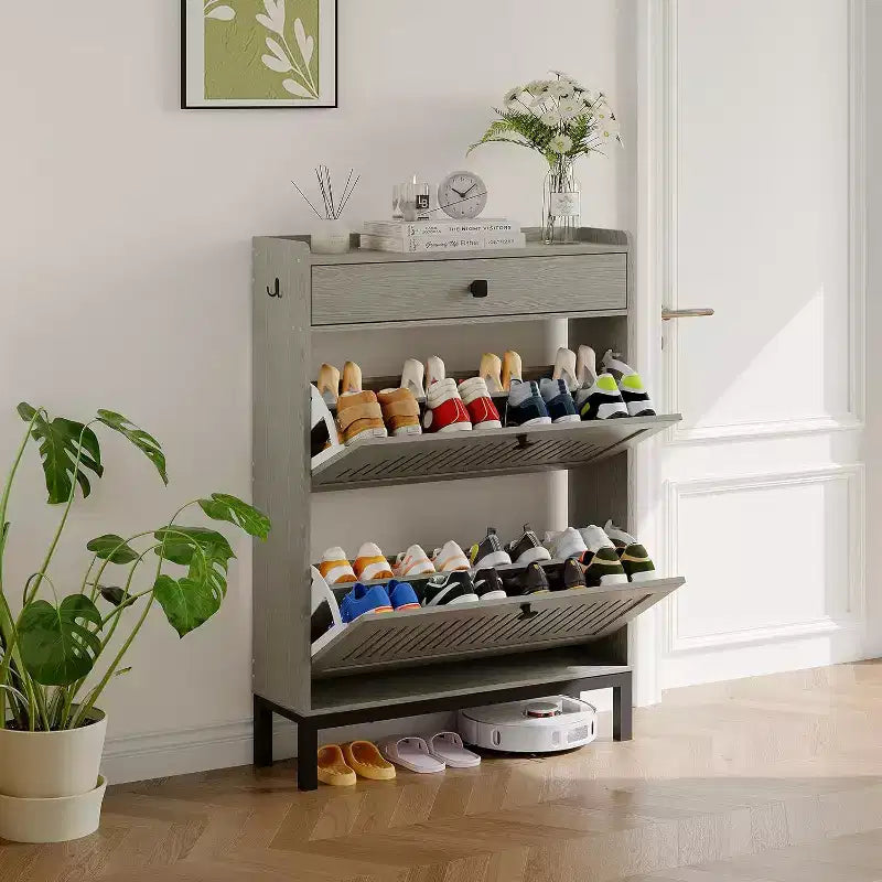 Meuble à chaussures avec 2 tiroirs abattants, Organisateur de chaussures avec tiroir supérieur, Panneau ajouré et poignées carrées, Étagère à chaussures réglable pour entrée