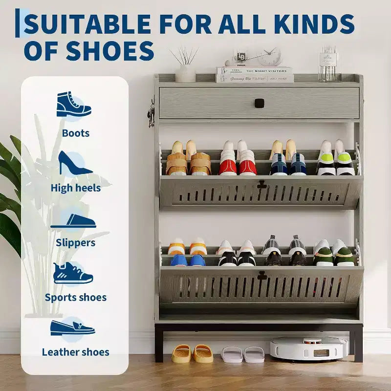 Meuble à chaussures avec 2 tiroirs abattants, Organisateur de chaussures avec tiroir supérieur, Panneau ajouré et poignées carrées, Étagère à chaussures réglable pour entrée
