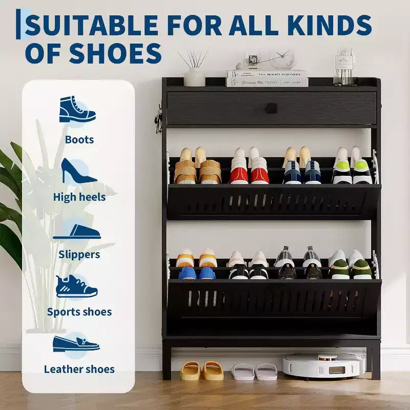 Meuble à chaussures avec 2 tiroirs abattants, Organisateur de chaussures avec tiroir supérieur, Panneau ajouré et poignées carrées, Étagère à chaussures réglable pour entrée