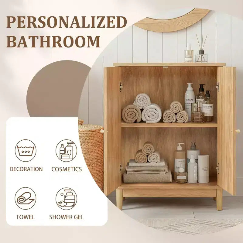 Meuble de salle de bain en bois original avec surface en rotin et doubles portes