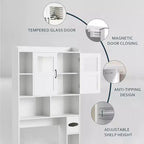 Meuble de rangement WC - 67,4 h Organisateur de rangement de salle de bain avec porte en verre, étagères réglables, meuble peu encombrant pour toilettes, buanderie