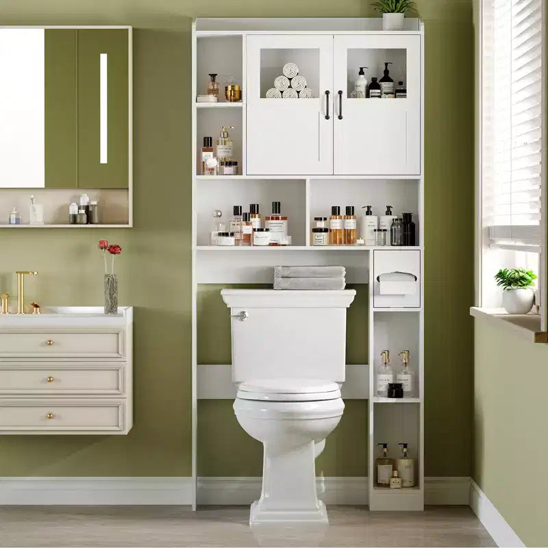 Meuble de rangement WC - 67,4 h Organisateur de rangement de salle de bain avec porte en verre, étagères réglables, meuble peu encombrant pour toilettes, buanderie