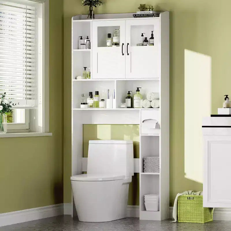 Over Toilet Cabinet - 67.4 h Bathroom Storage Organizer with Glass Door, Adjustable Shelves, Space Saving Furniture for Toilet, Laundry Room
