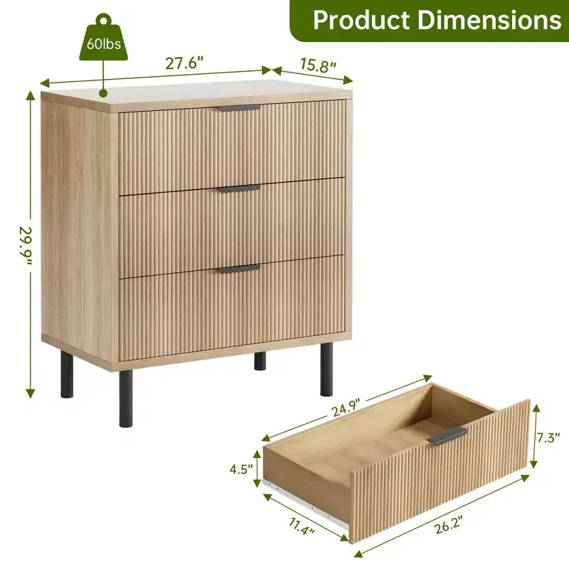 Commode, chiffonnier lot de 2 – Organiseur à 3 tiroirs en bois cannelé de 75,9 cm avec pieds en métal et dispositif anti-basculement