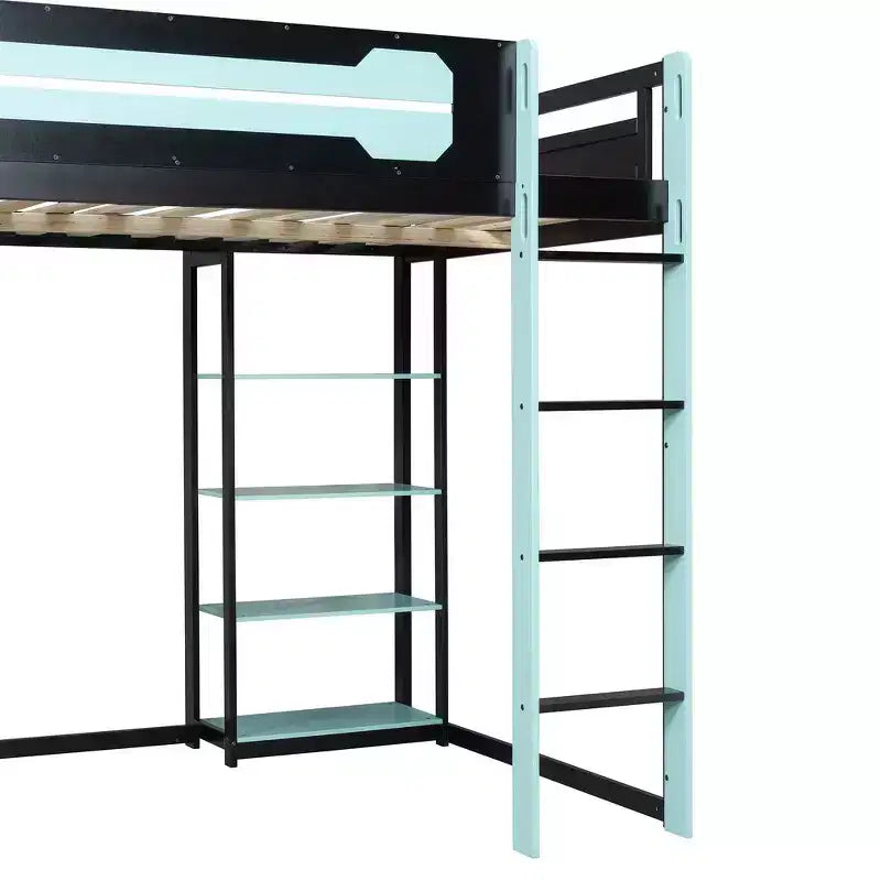 Lit mezzanine en bois massif Whisen avec bureau, étagères, prise de courant et ports USB/Type-C