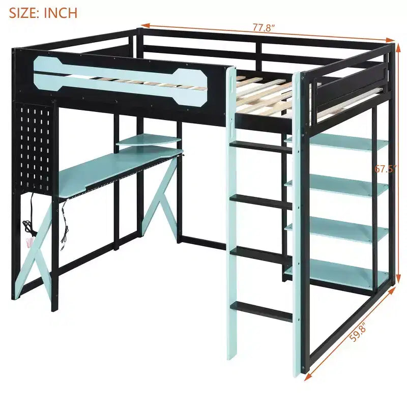 Lit mezzanine en bois massif Whisen avec bureau, étagères, prise de courant et ports USB/Type-C