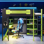 Lit mezzanine en bois massif Whisen avec bureau, étagères, prise de courant et ports USB/Type-C