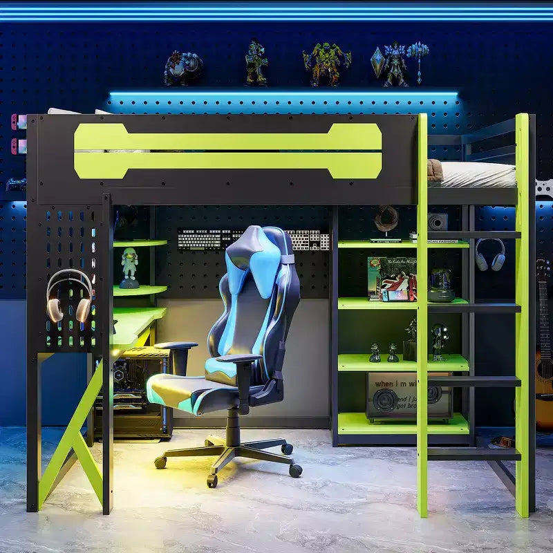 Lit mezzanine en bois massif Whisen avec bureau, étagères, prise de courant et ports USB/Type-C