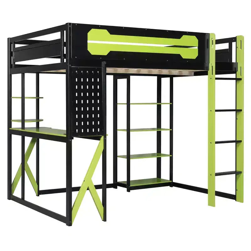 Lit mezzanine en bois massif Whisen avec bureau, étagères, prise de courant et ports USB/Type-C