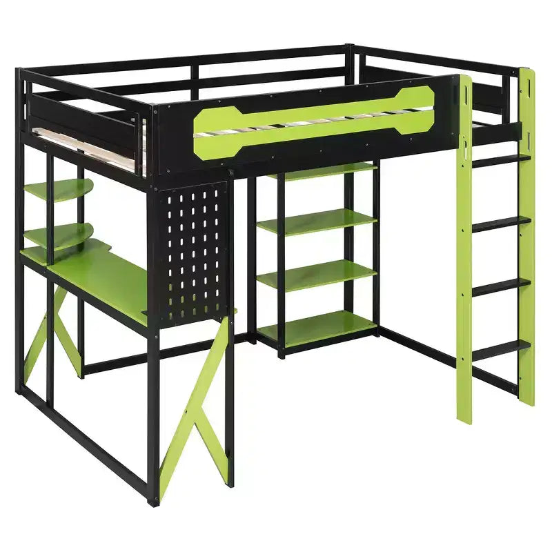 Lit mezzanine en bois massif Whisen avec bureau, étagères, prise de courant et ports USB/Type-C