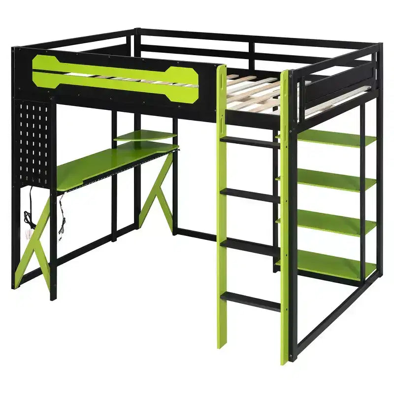 Lit mezzanine en bois massif Whisen avec bureau, étagères, prise de courant et ports USB/Type-C