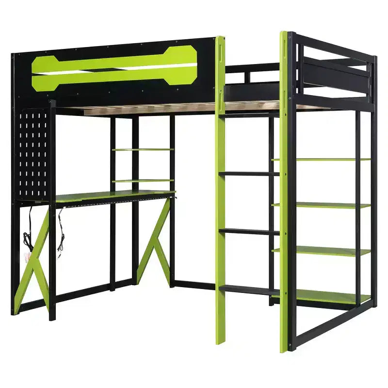 Lit mezzanine en bois massif Whisen avec bureau, étagères, prise de courant et ports USB/Type-C