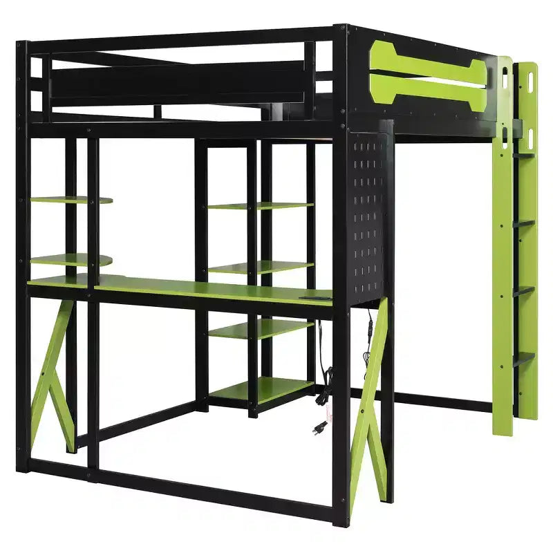 Lit mezzanine en bois massif Whisen avec bureau, étagères, prise de courant et ports USB/Type-C
