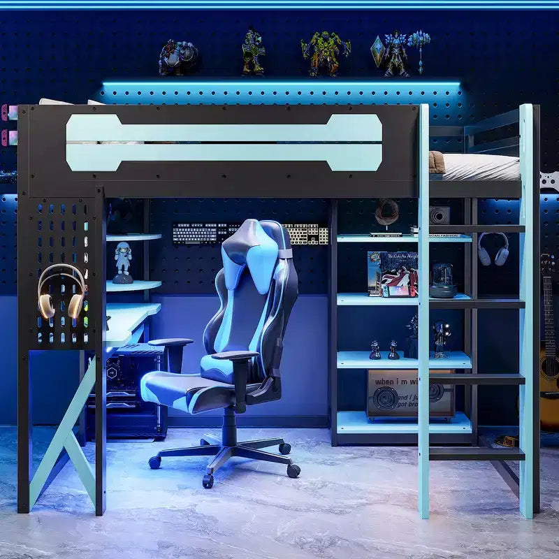 Lit mezzanine en bois massif Whisen avec bureau, étagères, prise de courant et ports USB/Type-C