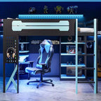 Lit mezzanine en bois massif Whisen avec bureau, étagères, prise de courant et ports USB/Type-C